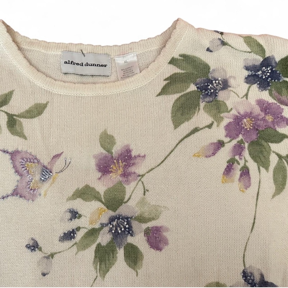 Alfred Dunner Cream Top with Purple and Green Floral Butterfly Design